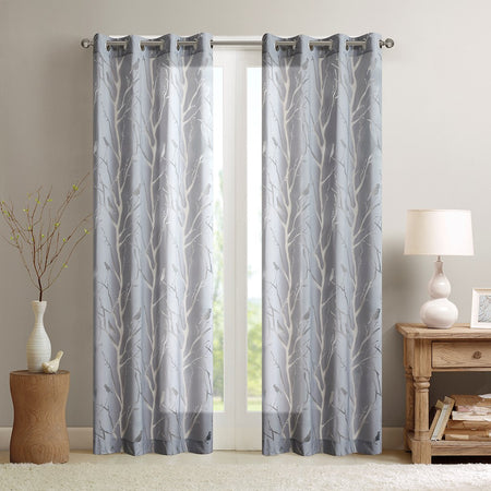 Madison Park Averil Grommet Top Sheer Bird on Branches Burnout Window Curtain - Grey - 50x63"