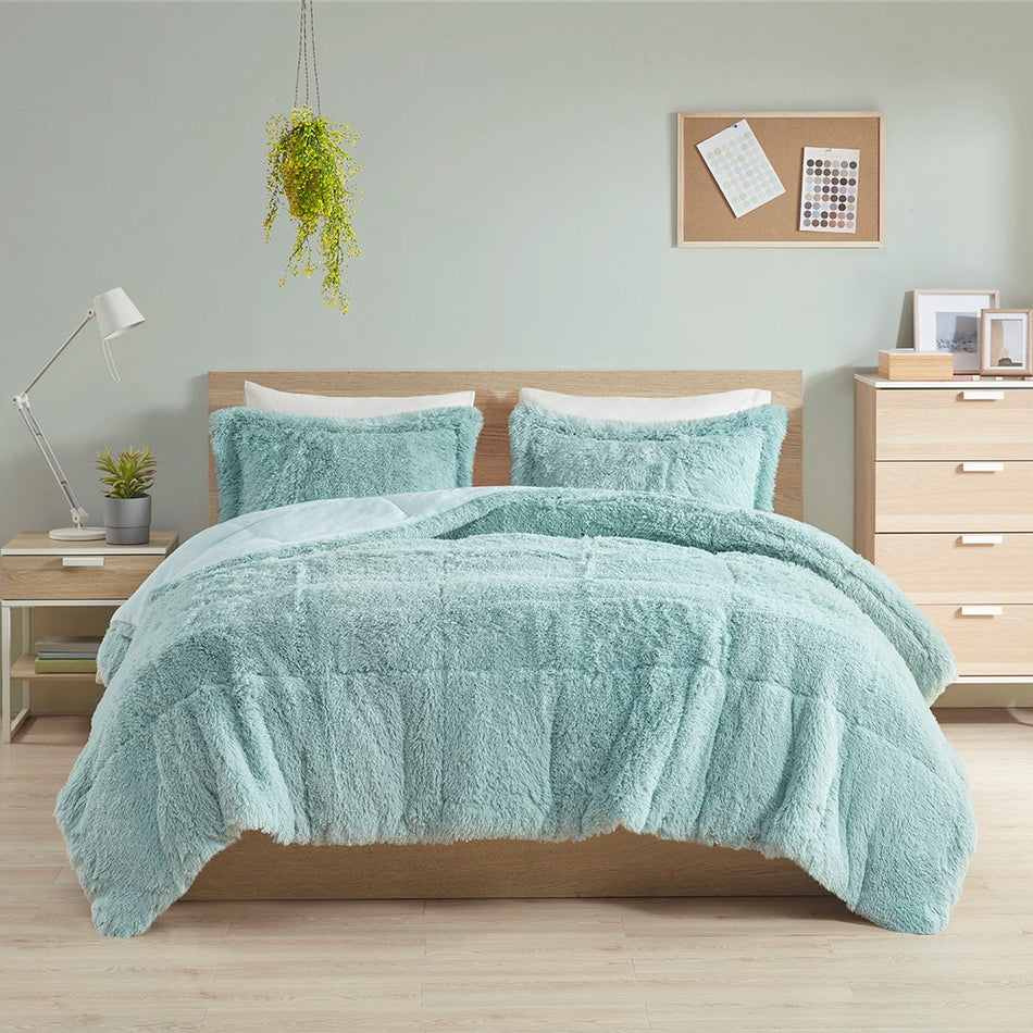 Malea Shaggy Long Fur Comforter Mini Set - Aqua - Twin Size / Twin XL Size