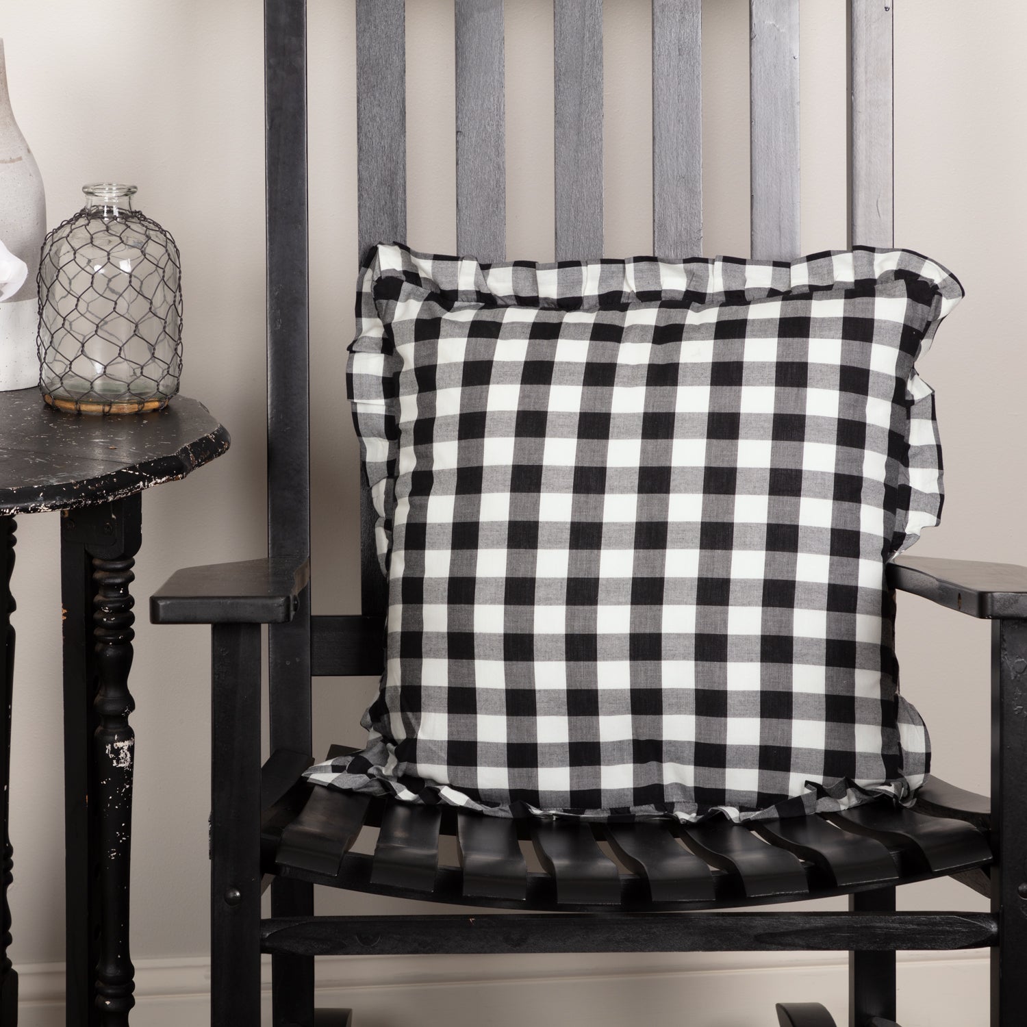 April & Olive Annie Buffalo Black Check Ruffled Fabric Pillow 18x18 By VHC Brands