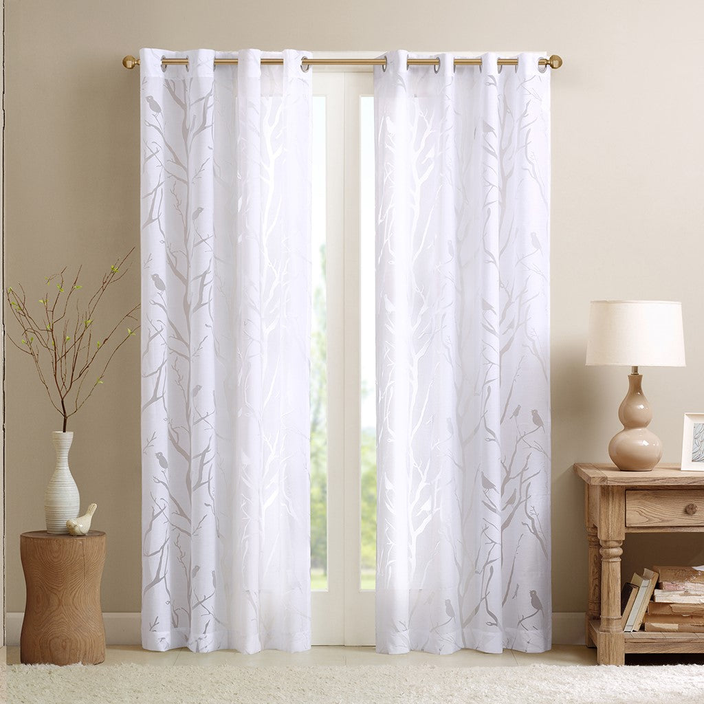 Madison Park Averil Grommet Top Sheer Bird on Branches Burnout Window Curtain - White - 50x63"