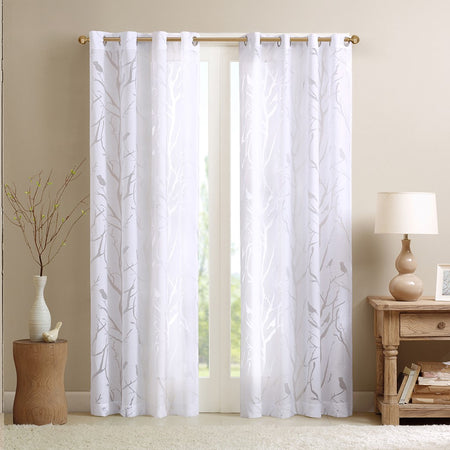 Madison Park Averil Grommet Top Sheer Bird on Branches Burnout Window Curtain - White - 50x63"