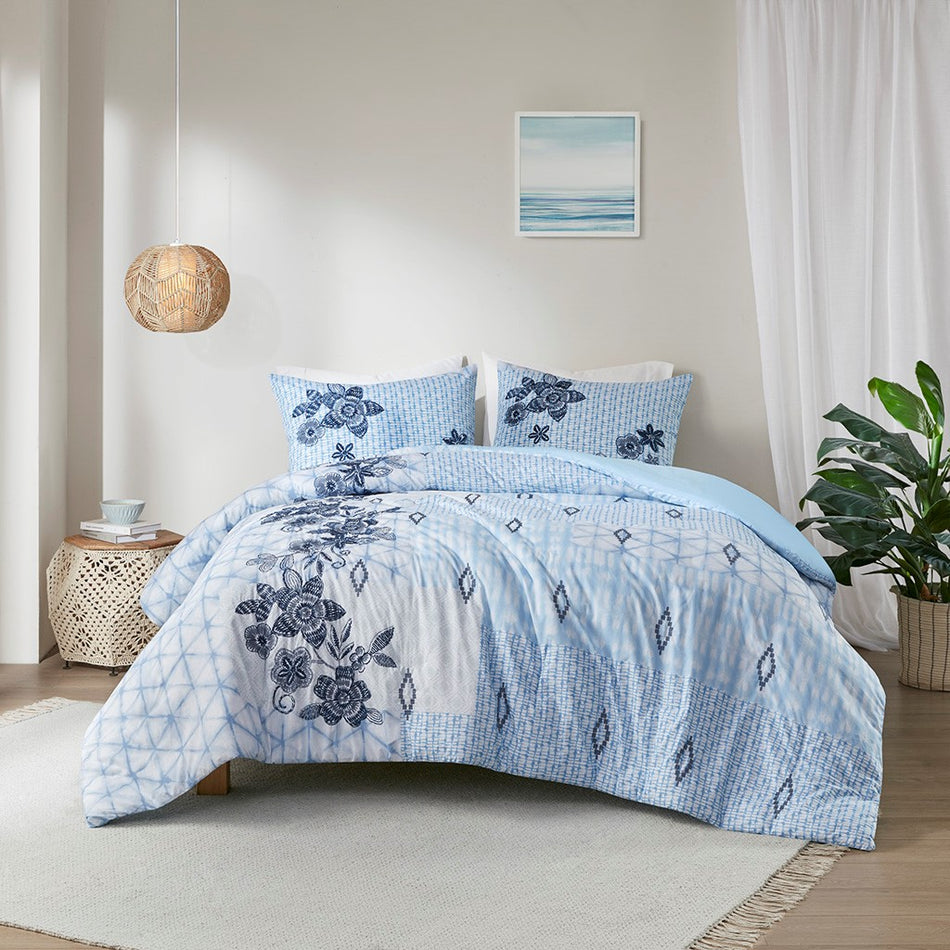 Sadie 3 Piece Cotton Duvet Cover Set - Blue - Full Size / Queen Size