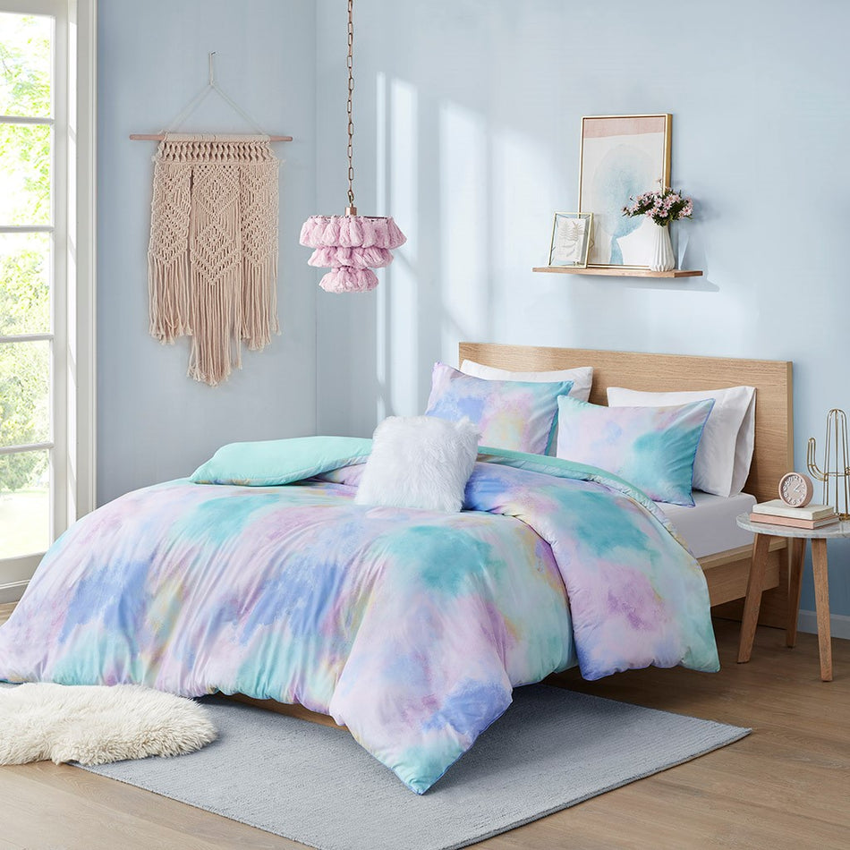 Intelligent Design Cassiopeia Watercolor Tie Dye Printed Duvet Cover Set - Aqua - Twin Size / Twin XL Size