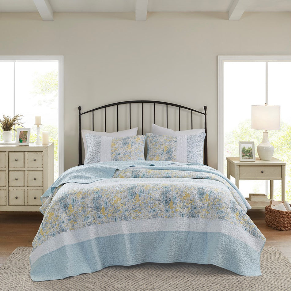 Violet 3 Piece Cotton Quilt Set - Aqua / Yellow - King Size / Cal King Size