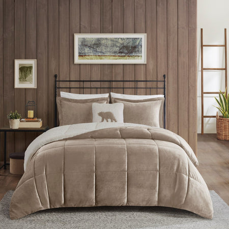 Woolrich Alton Plush to Sherpa Down Alternative Comforter Set - Taupe / Ivory  - King Size Shop Online & Save - expresshomedirectr.com