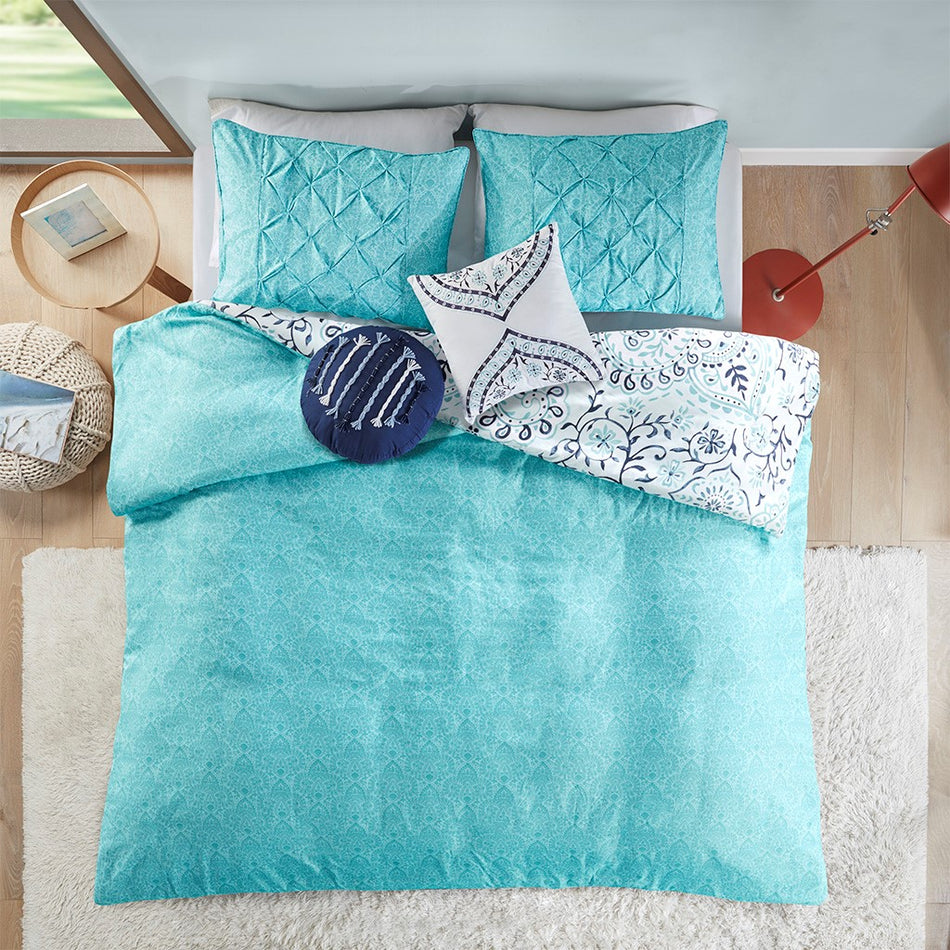 Natalia Boho Medallion Printed Reversible Duvet Cover Set - Aqua - Full Size / Queen Size