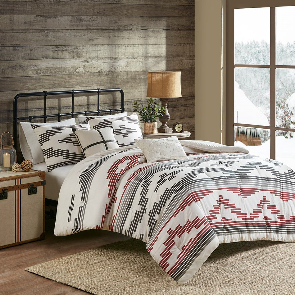 Woolrich Simons 5 Piece Herringbone Oversized Comforter Set - Grey / Red - Full Size / Queen Size