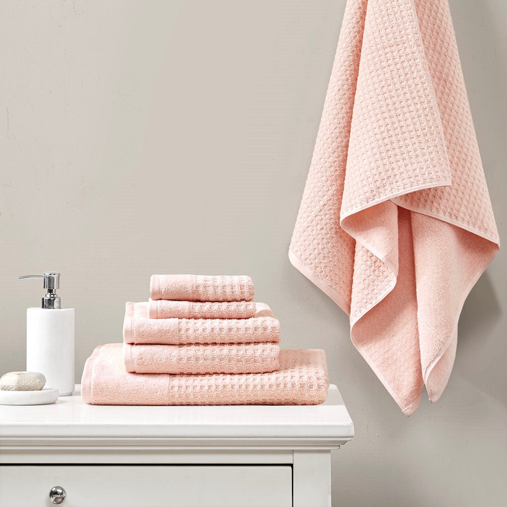 Madison Park Spa Waffle Cotton Waffle Jacquard Antimicrobial Bath Towel 6 Piece Set - Pink 