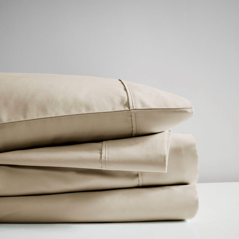 600 Thread Count Cooling Cotton Blend 4 PC Sheet Set - Khaki - Queen Size