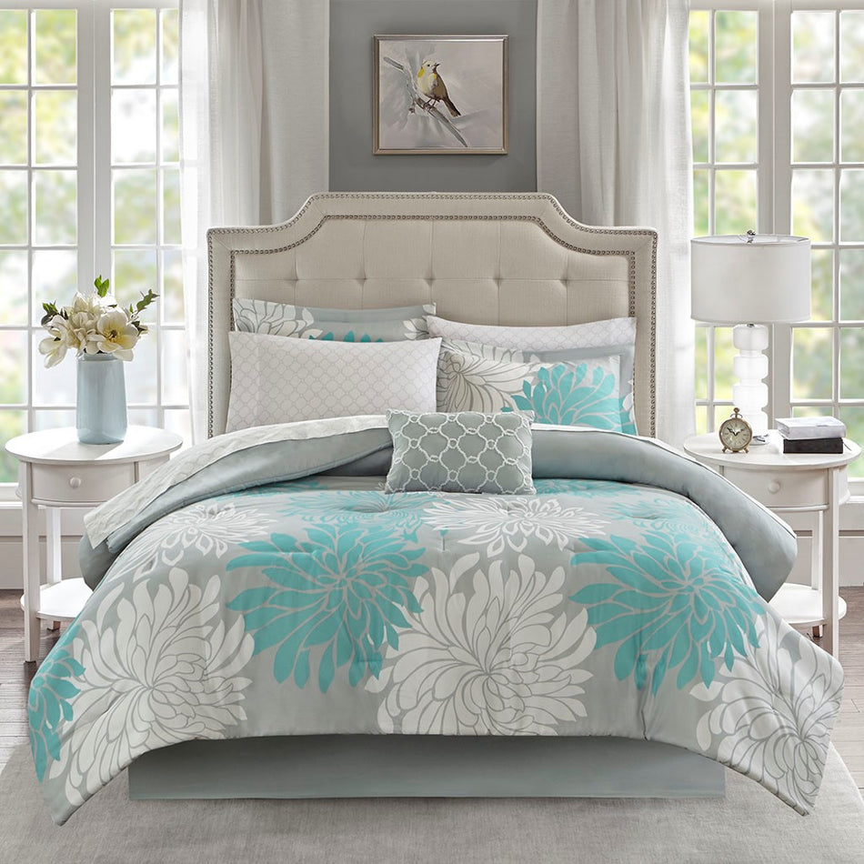 Maible 9 Piece Comforter Set with Cotton Bed Sheets - Aqua - King Size