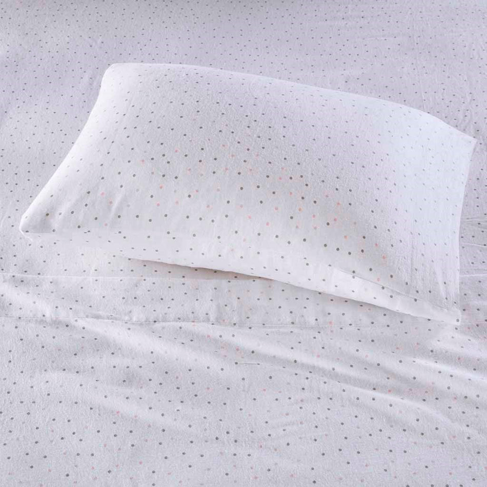 Cozy Soft Cotton Flannel Printed Sheet Set - Grey / Pink Dots - Queen Size