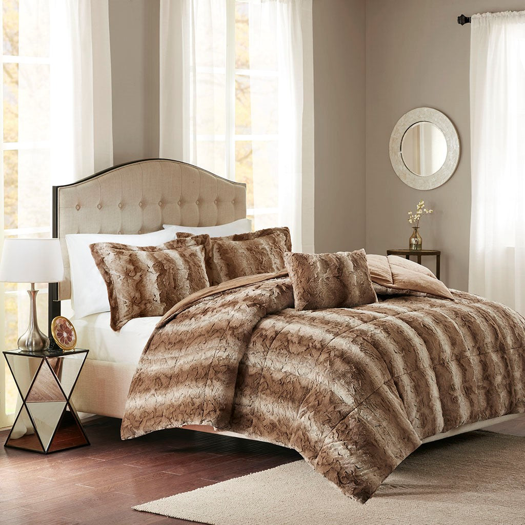 Madison Park Zuri 4PC Faux Fur Comforter Set - Tan - King Size