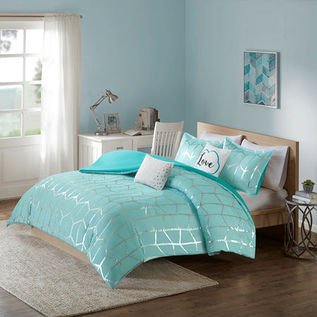 Intelligent Design Raina Metallic Printed Duvet Cover Set - Aqua / Silver - King Size / Cal King Size