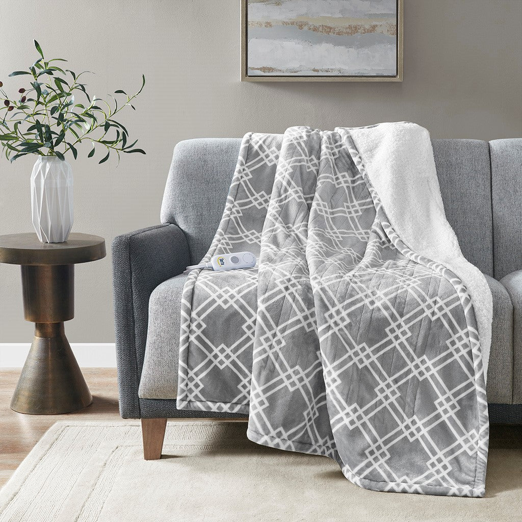 Serta Printed Plush Heated Throw - Grey - 50x60"