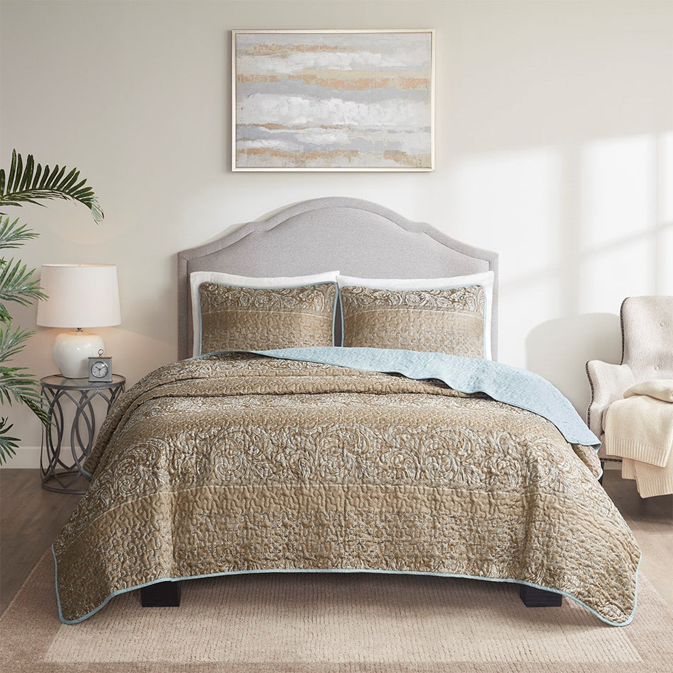 Miramar 3 Piece Reversible Cotton Coverlet Set - Teal - King Size / Cal King Size