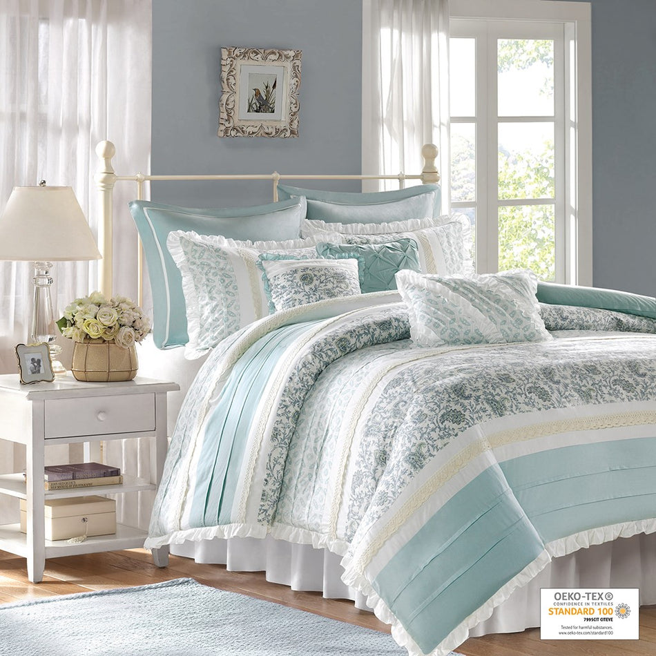 Madison Park Dawn 9 Piece Cotton Percale Duvet Cover Set - Blue - Cal King Size