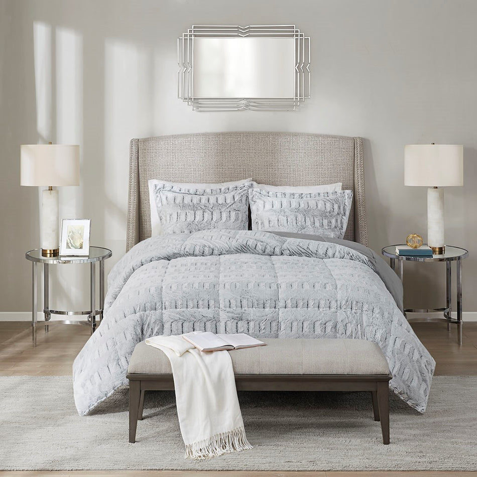 Gia Back Print Long Fur Comforter Mini Set - Grey - Full Size / Queen Size