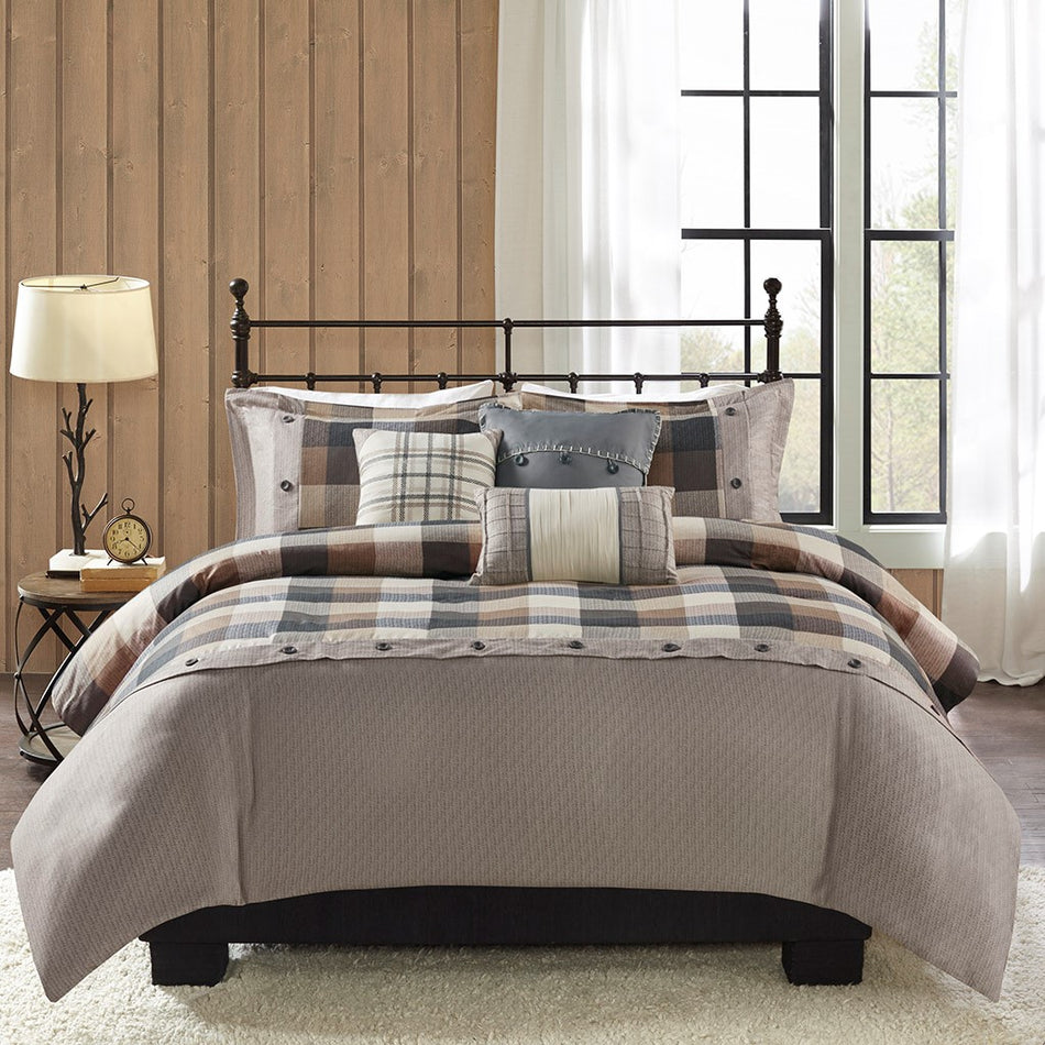 Ridge 6 Piece Herringbone Duvet Cover Set - Neutral - Full Size / Queen Size