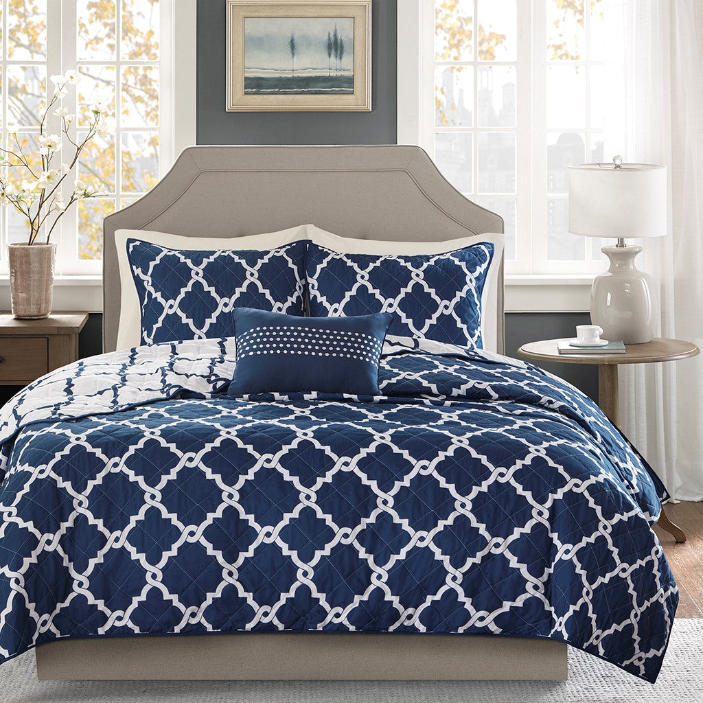 Madison Park Essentials Merritt 4 Piece Reversible Quilt Set with Throw Pillow - Navy  - Full Size / Queen Size Shop Online & Save - expresshomedirectr.com