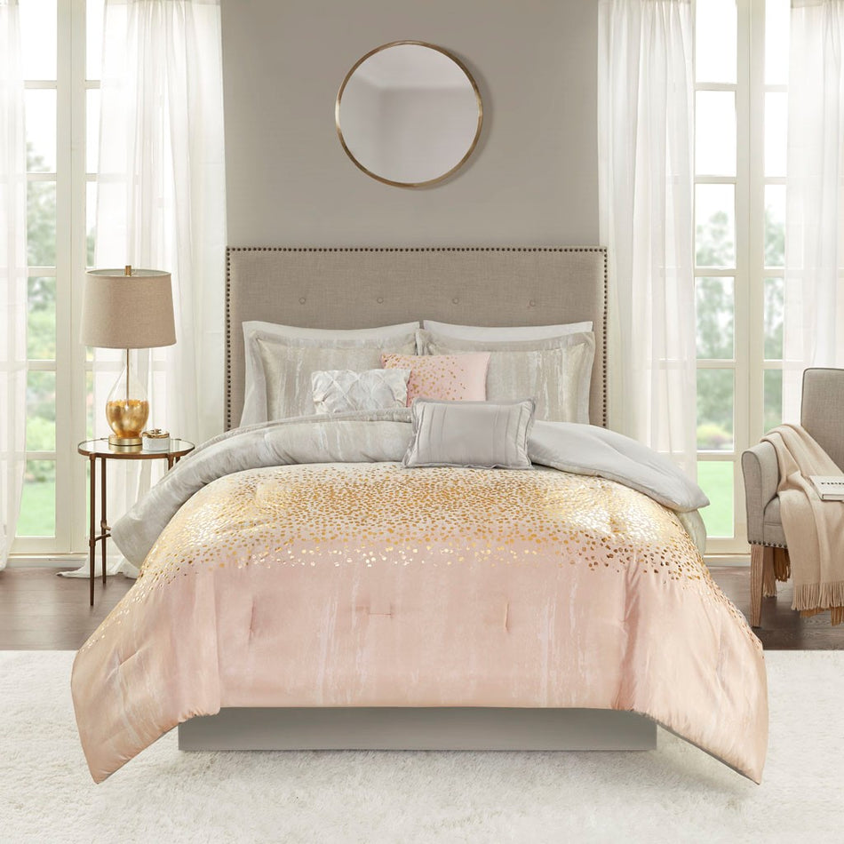 Madison Park Midnight Garden 7 Piece Metallic Print Comforter Set - Blush  - Cal King Size Shop Online & Save - expresshomedirectr.com