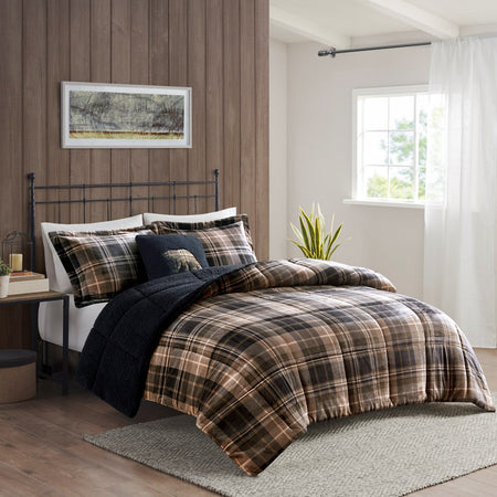 Woolrich Alton Plush to Sherpa Down Alternative Comforter Set - Brown / Black - King Size