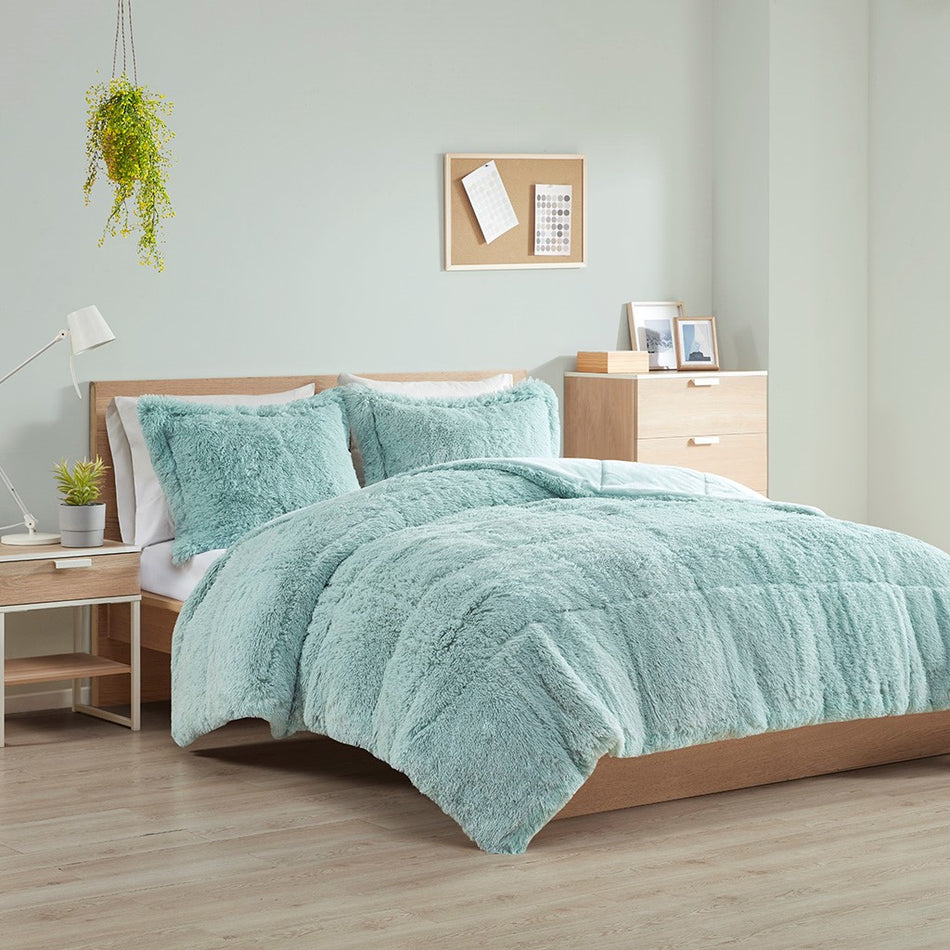 Intelligent Design Malea Shaggy Long Fur Comforter Mini Set - Aqua - Full Size / Queen Size