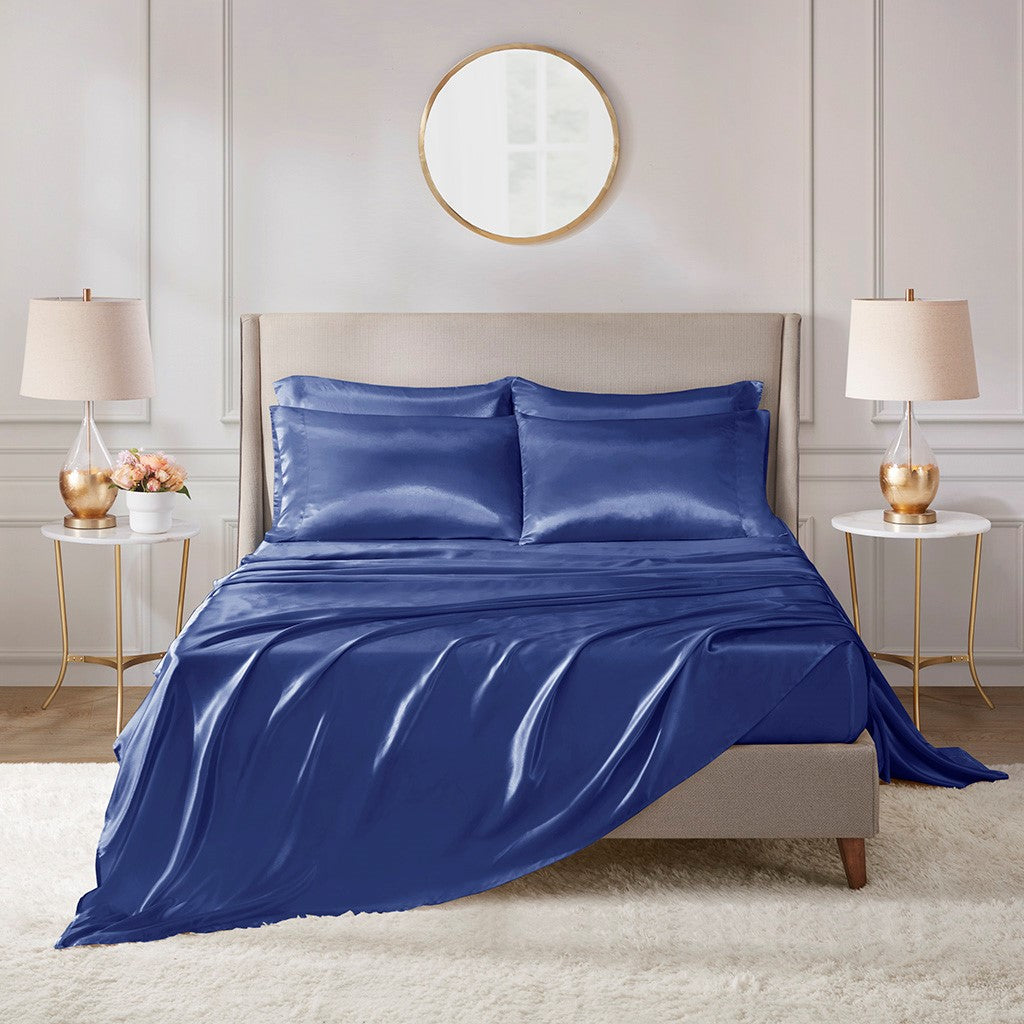 Madison Park Essentials Satin Luxury 6 PC Sheet Set - Navy - Full Size