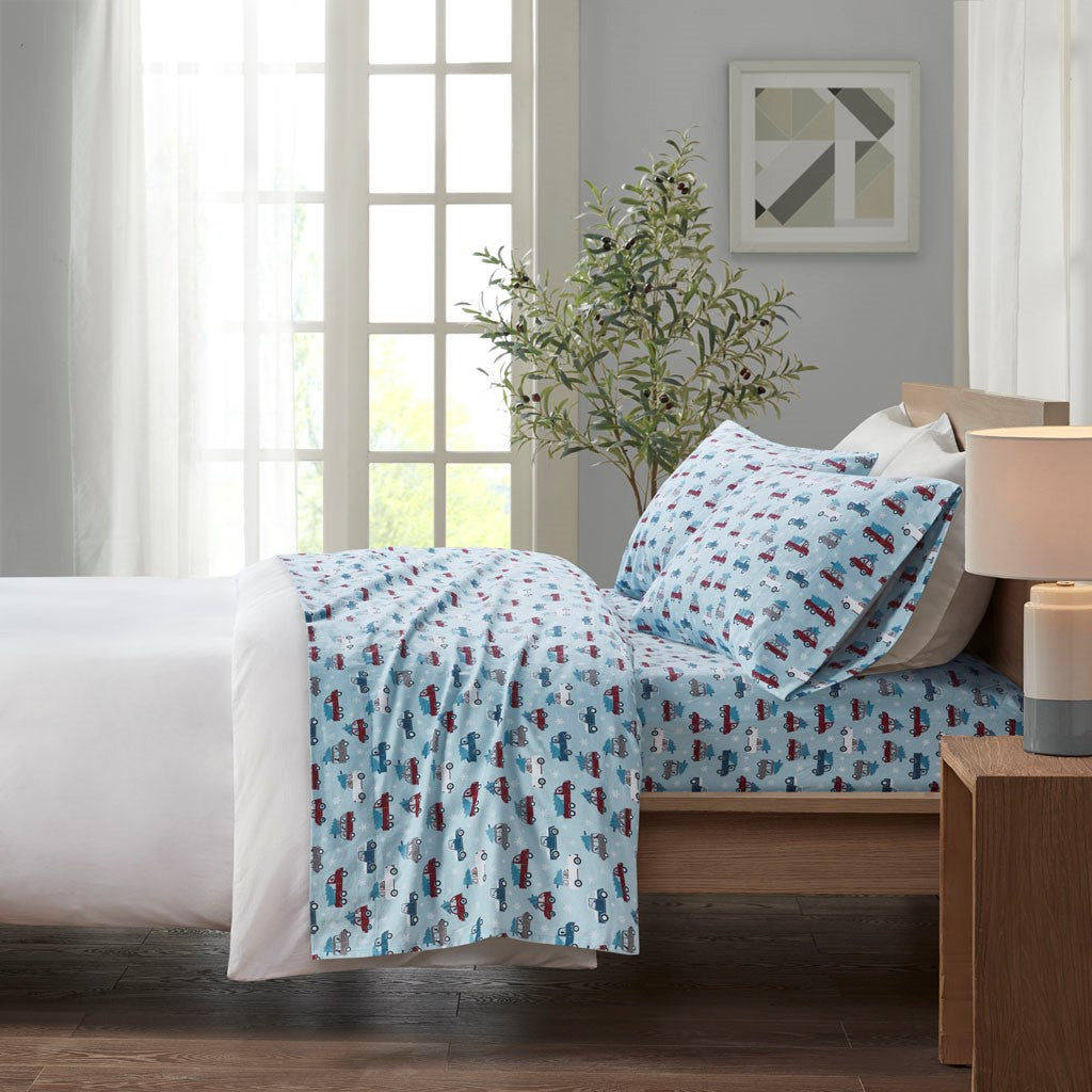 True North by Sleep Philosophy Cozy Cotton Flannel Printed Sheet Set - Blue Cars - Twin XL Size