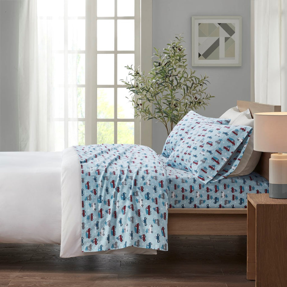 True North by Sleep Philosophy Cozy Cotton Flannel Printed Sheet Set - Blue Cars - Full Size