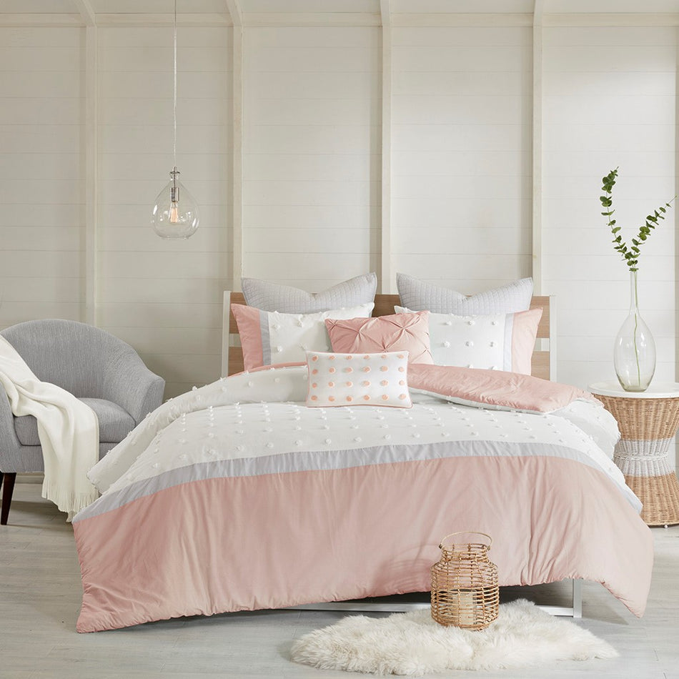 Myla 7 Piece Cotton Jacquard Duvet Cover Set - Blush - Full Size / Queen Size