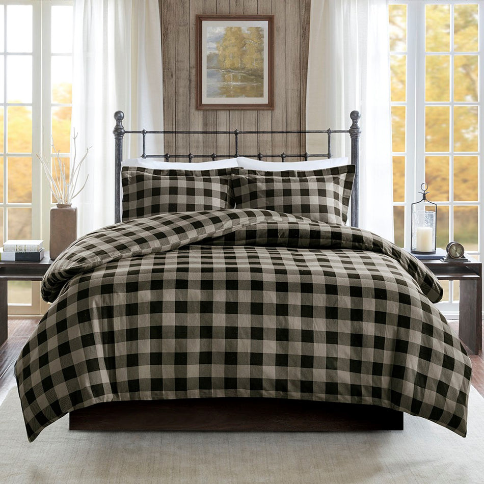 Flannel Check Print Cotton Duvet Cover Set - Black / Tan - Full Size / Queen Size