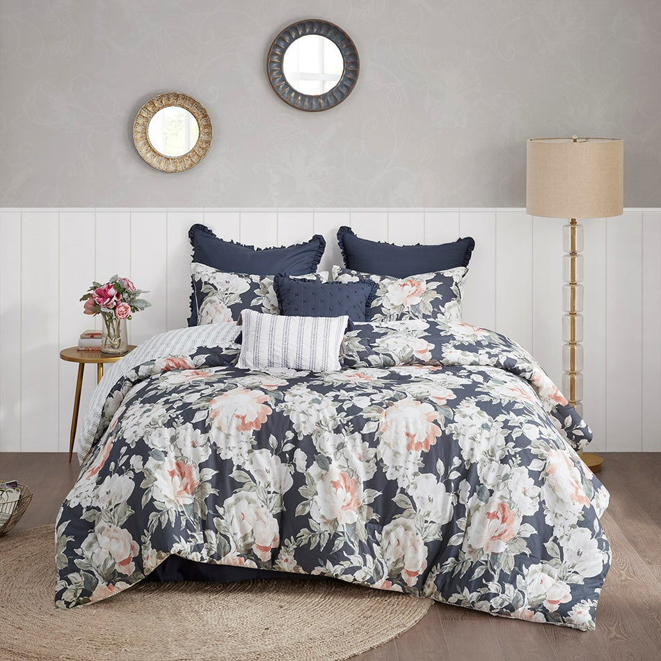 Mavis 8 Piece Cotton Printed Reversible Comforter Set - Dark Blue - King Size