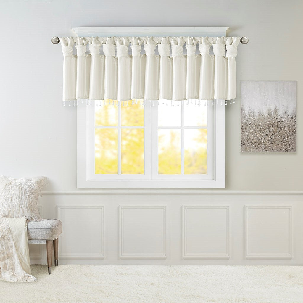 Madison Park Emilia Lightweight Faux Silk Valance With Beads - White - 50x26"