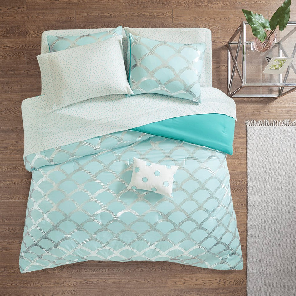 Lorna Metallic Comforter Set with Bed Sheets - Aqua - Queen Size