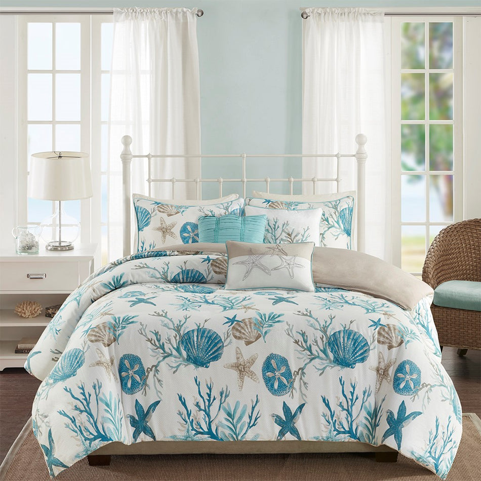 Pebble Beach 6 Piece Cotton Sateen Duvet Cover Set - Aqua - Full Size / Queen Size