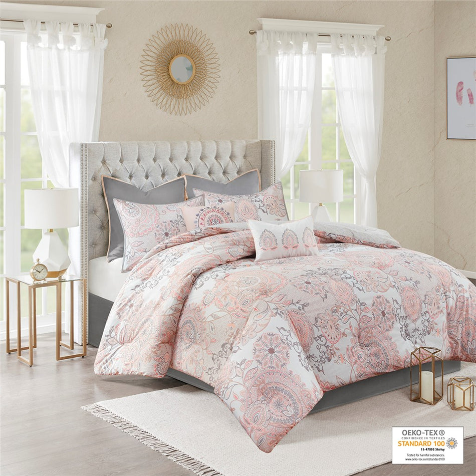 Madison Park Isla 8 Piece Cotton Floral Printed Reversible Comforter Set - Blush - Queen Size