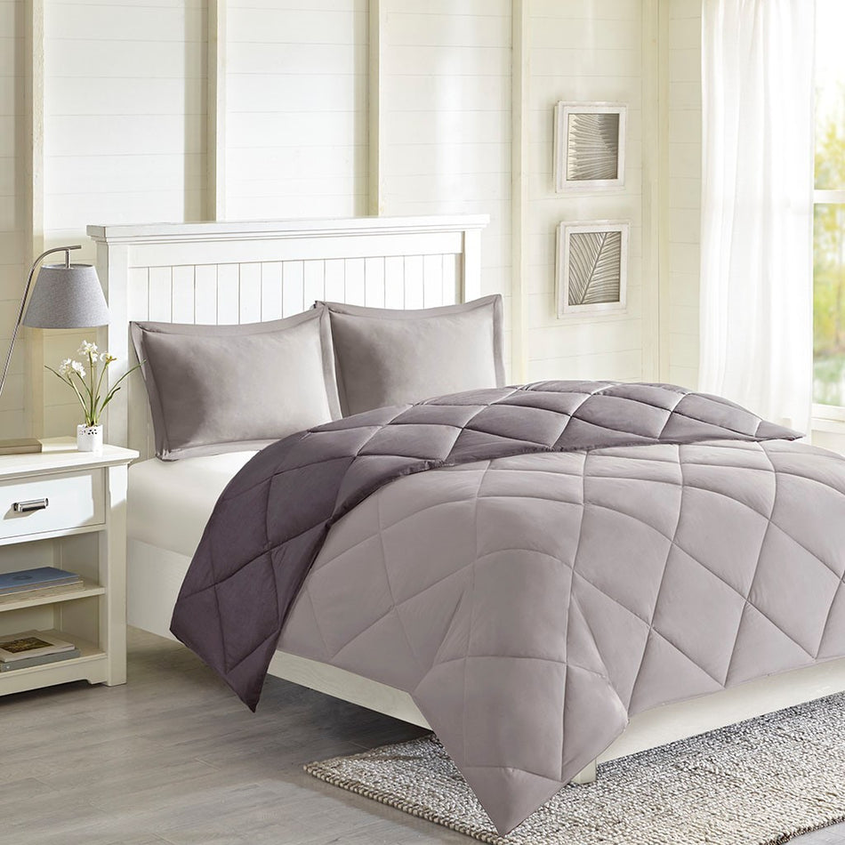 Larkspur 3M Scotchgard Diamond Quilting Reversible Down Alternative Comforter Set - Charcoal / Grey - Twin Size / Twin XL Size