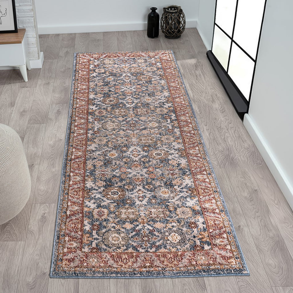 Madison Park Faith Persian Bordered Traditional Woven Area Rug - Blue / Red - 3x8' Runner