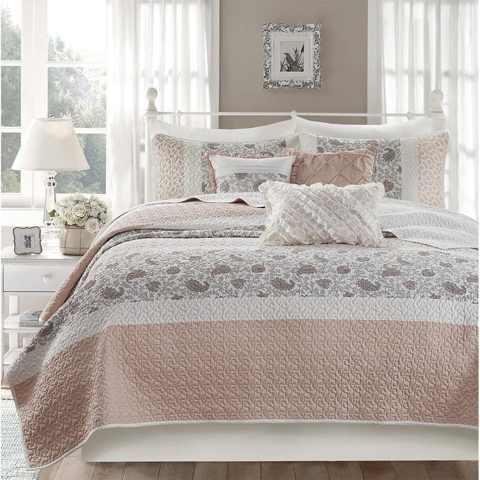 Dawn 6 Piece Cotton Percale Quilt Set with Throw Pillows - Blush - Full Size / Queen Size