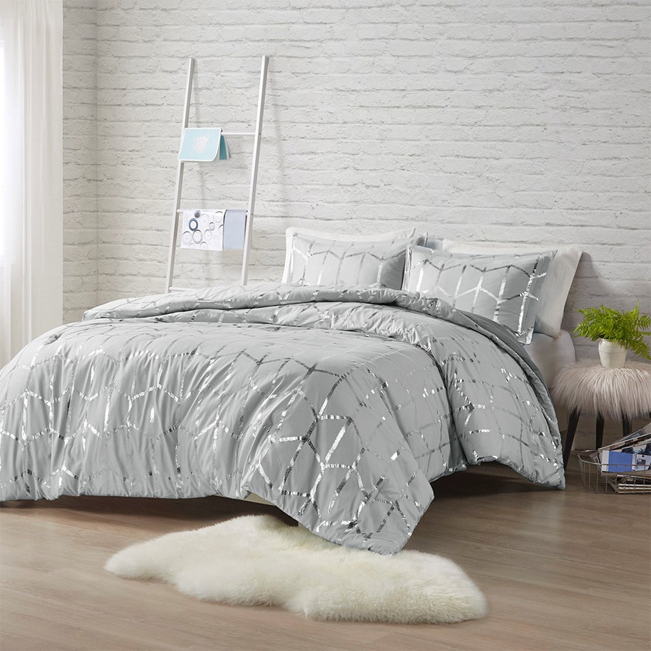 Intelligent Design Raina Metallic Printed Comforter and Sham Set - Grey / Silver - Full Size / Queen Size