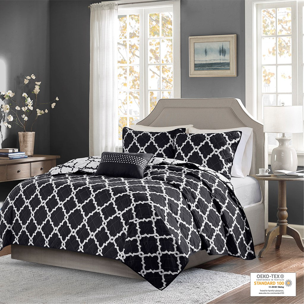 Madison Park Essentials Merritt 4 Piece Reversible Coverlet Set - Black  - King Size / Cal King Size Shop Online & Save - expresshomedirectr.com