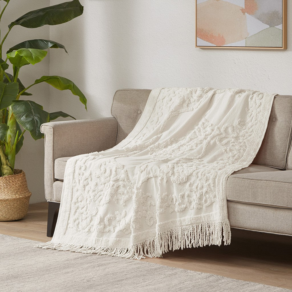 Madison Park Chloe 100% Cotton Tufted Chenille Lightweight Throw With Fringe Tassel 50" x 60" - Ivory - 50x60"