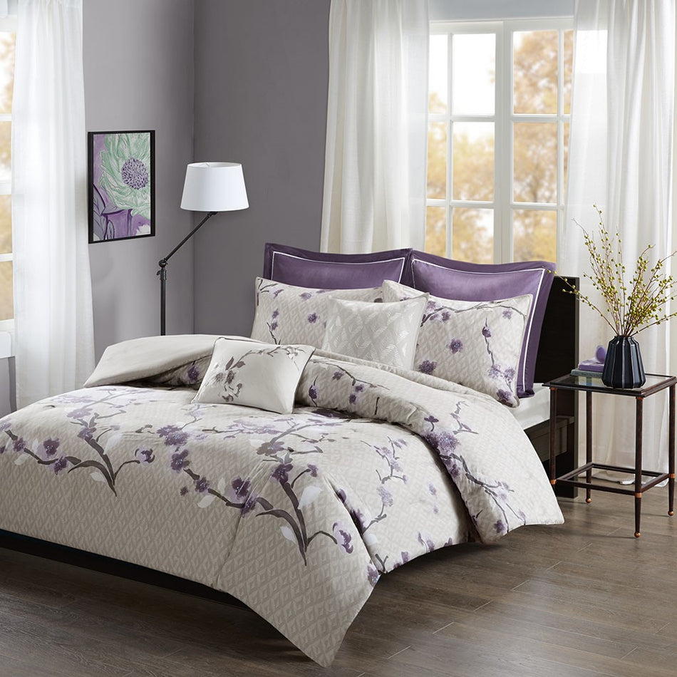 Holly 7 Piece Cotton Duvet Cover Set - Purple - Full Size / Queen Size