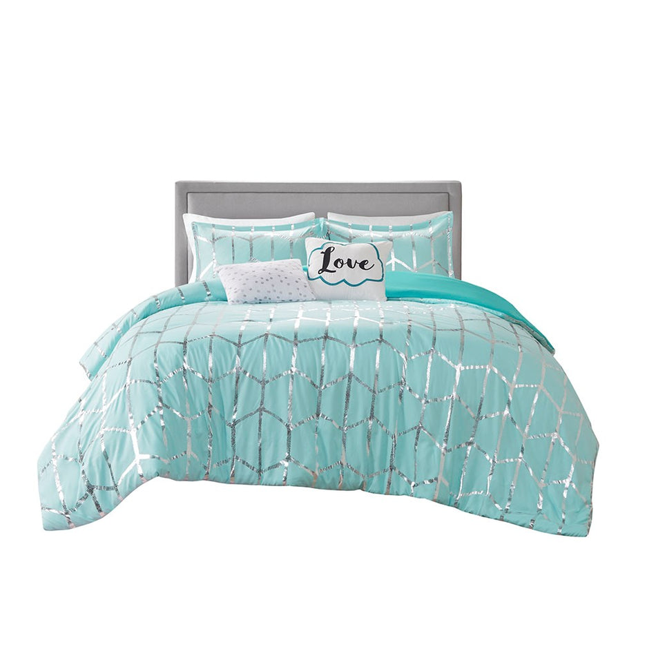 Raina Metallic Printed Duvet Cover Set - Aqua / Silver - Full Size / Queen Size