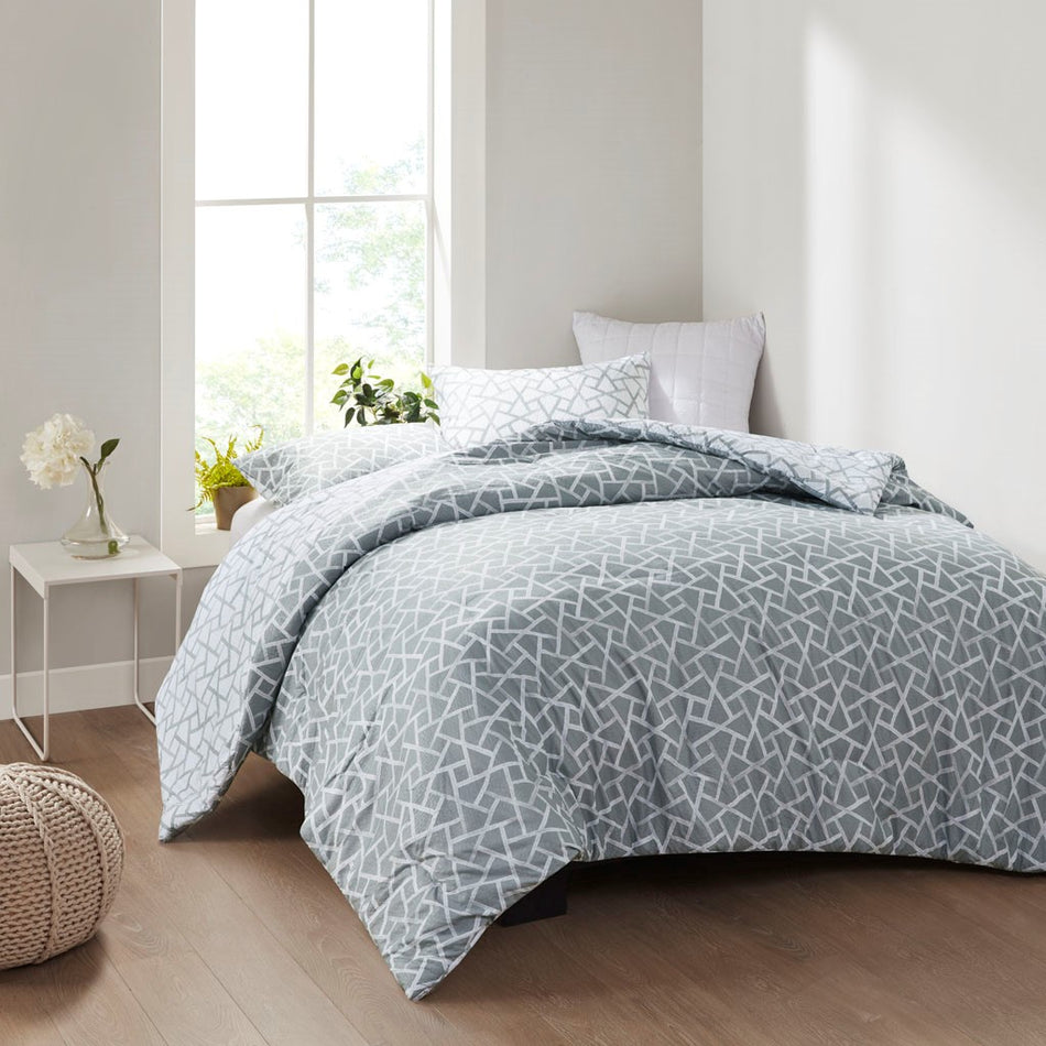 N Natori Soho Geo 3 Piece Reversible Duvet Cover Mini Set - Grey / White - King Size / Cal King Size