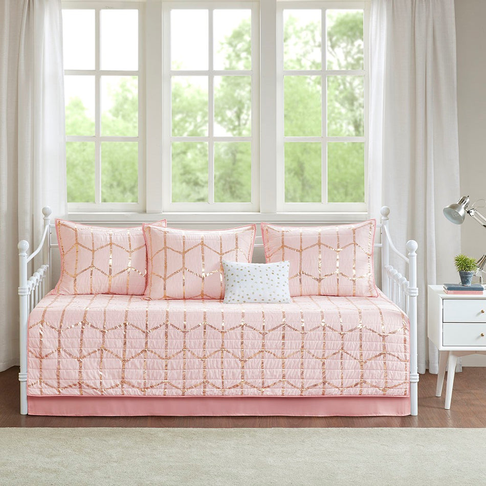 Raina 6 Piece Metallic Printed Reversible Daybed Set - Blush - Daybed Size - 39" x 75"