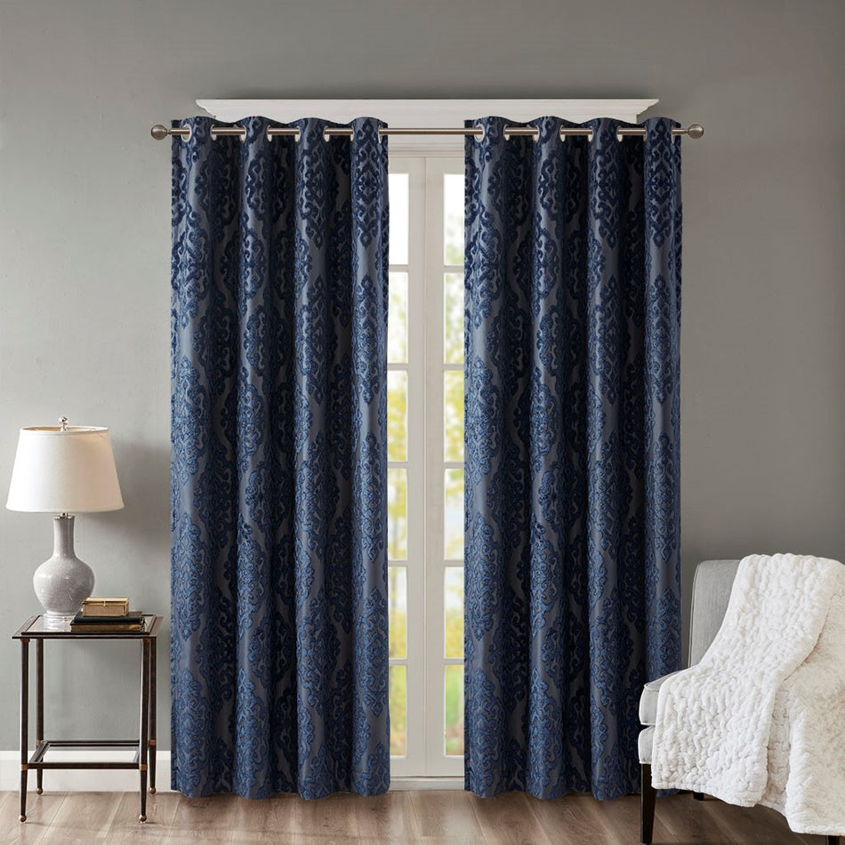 SunSmart Mirage Knitted Jacquard Damask Total Blackout Grommet Top Curtain Panel - Navy - 84" Panel