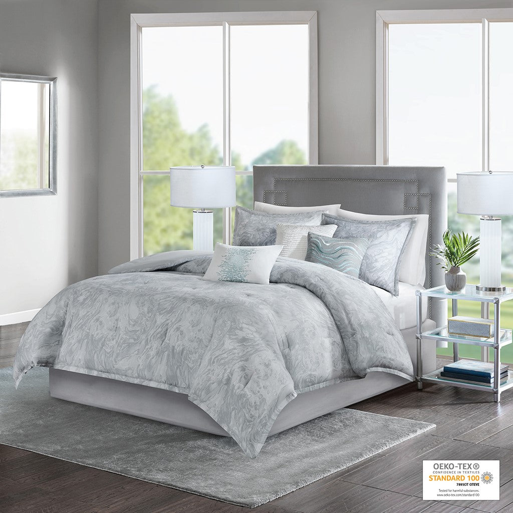 Madison Park Emory 7 Piece Cotton Sateen Comforter Set - Grey - Cal King Size