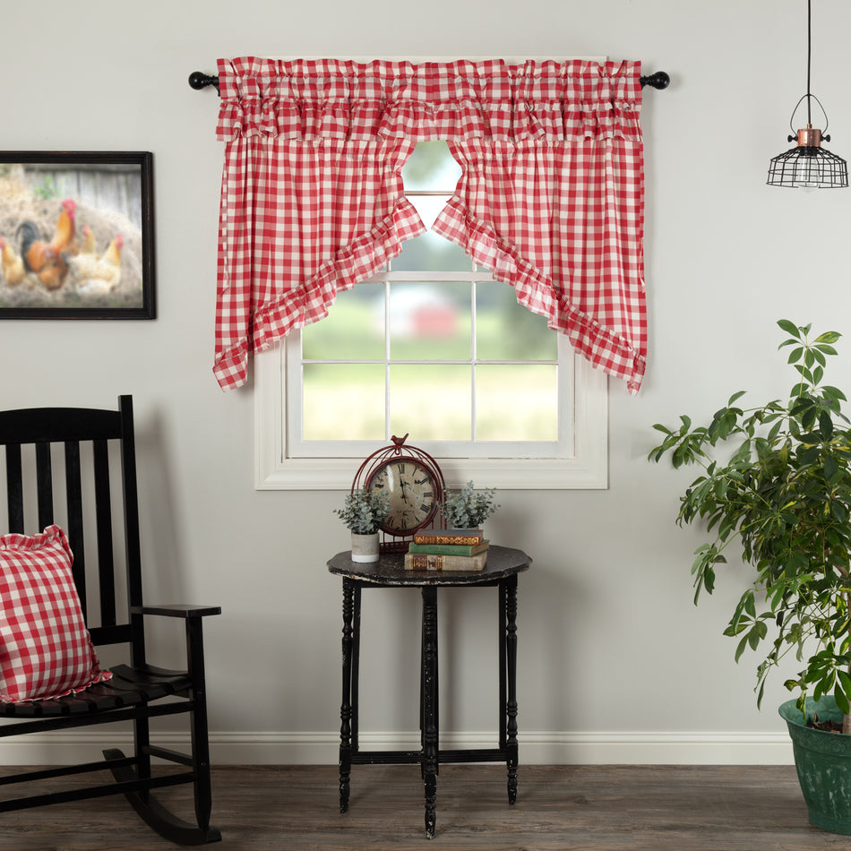 Annie Buffalo Red Check Ruffled Prairie Swag Set of 2 36x36x18