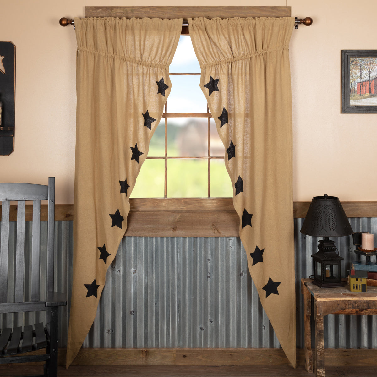 Mayflower Market Burlap W/Black Stencil Stars Prairie Long Panel Set of 2 84x36x18 By VHC Brands